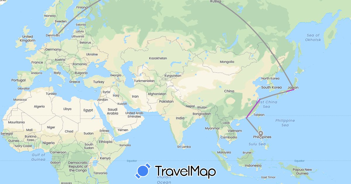 TravelMap itinerary: driving, plane, train in China, Denmark, Japan, Philippines (Asia, Europe)